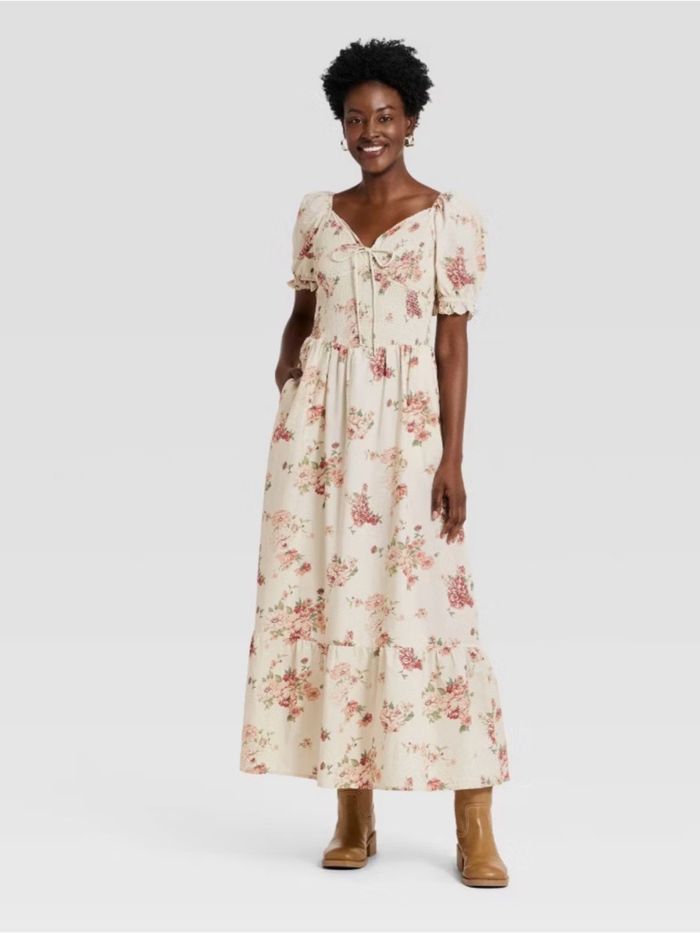 Universal Thread Floral Puff-Sleeve Maxi Dress - Cream with Pink Floral (M)